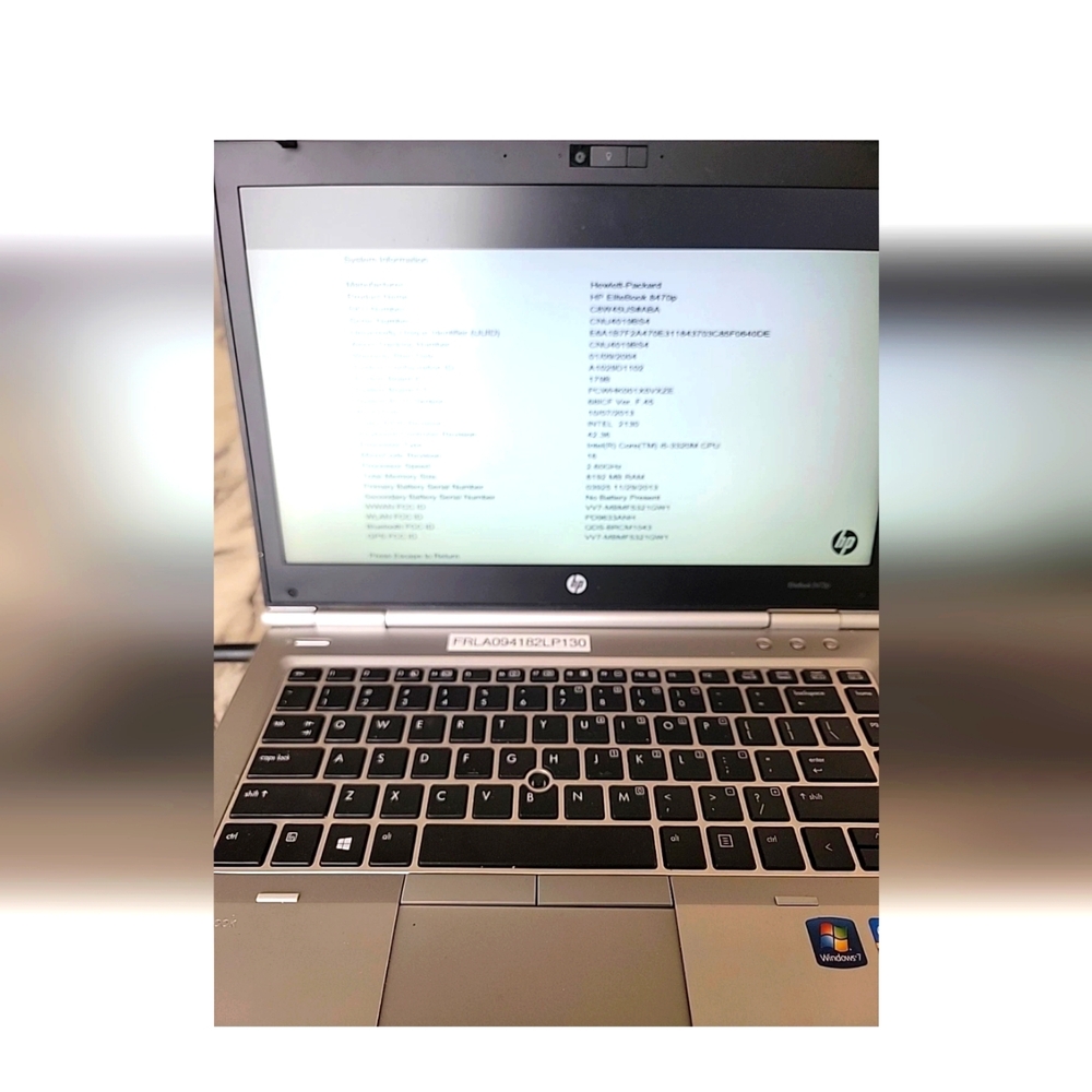 HP EliteBook 8470p Window's Pro. Powers On Memory Wiped And Operators System